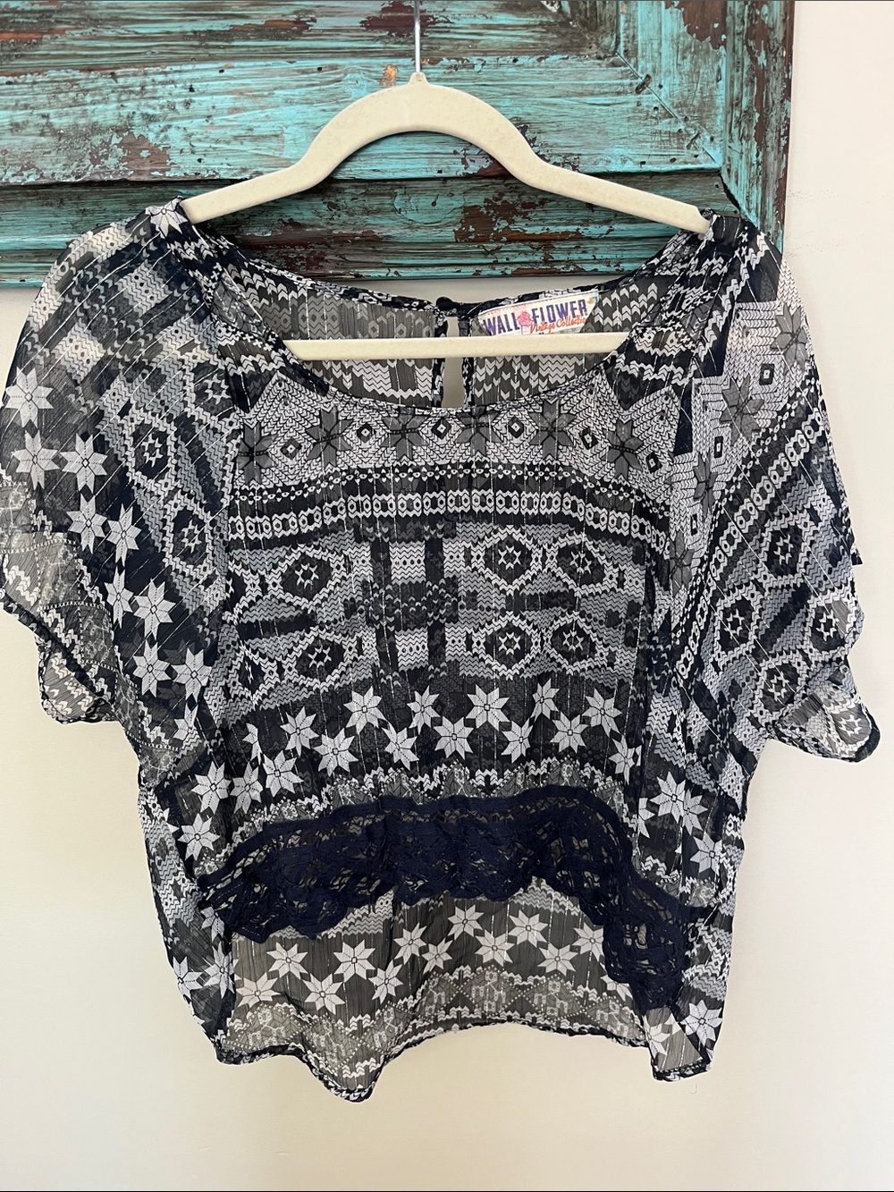 Wallflower Black and White Sheer Mixed-Pattern Blouse with Lace Band
